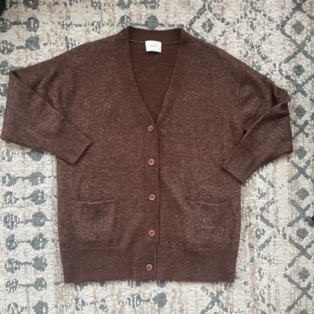 Wilfred Women’s Cardigan Size 3 (L/XL) Brown Baggy Wool Blend Pockets Buttons